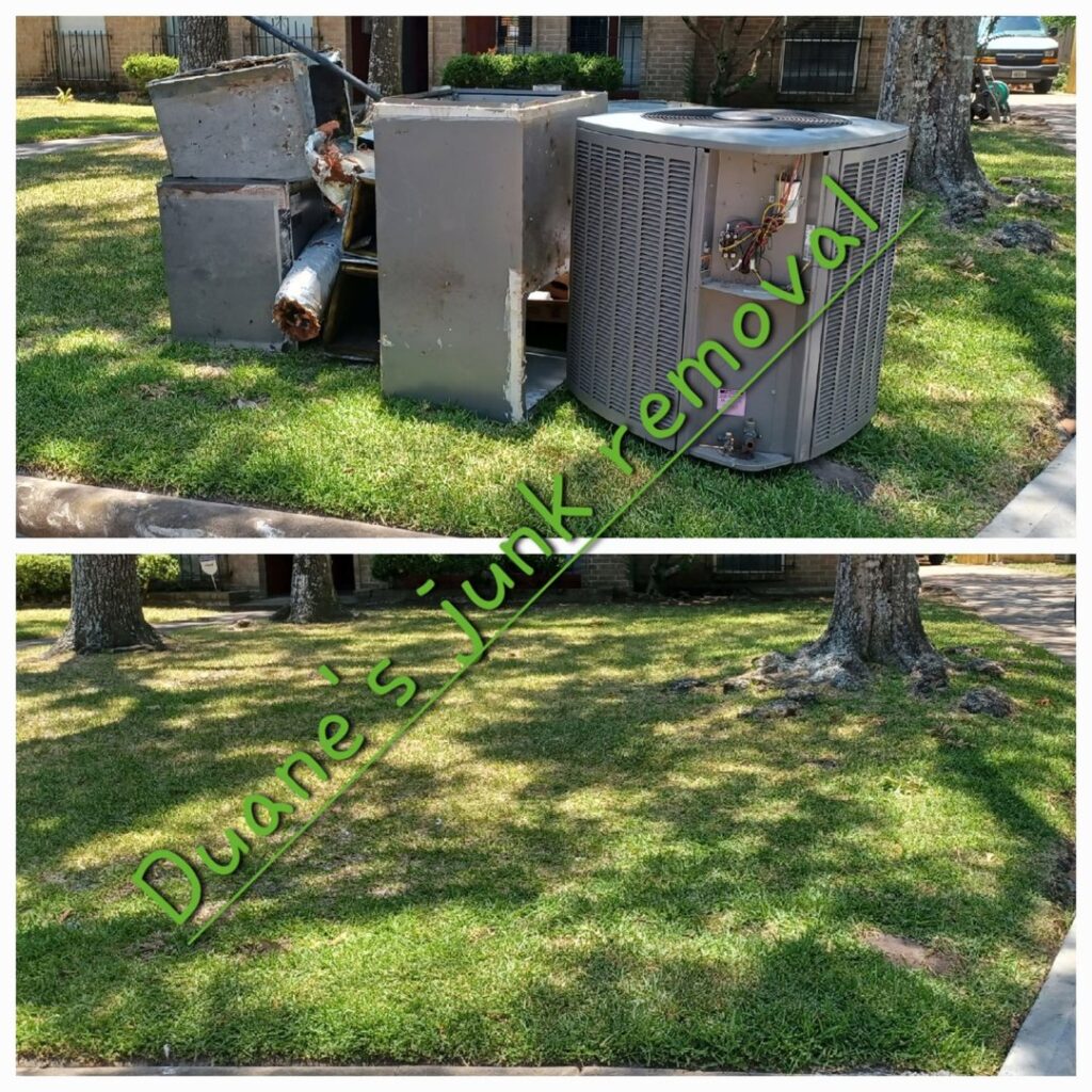 A before and after comparison showing old AC units and metal debris removed from a yard by Duane's junk removal LLC in Houston, TX.