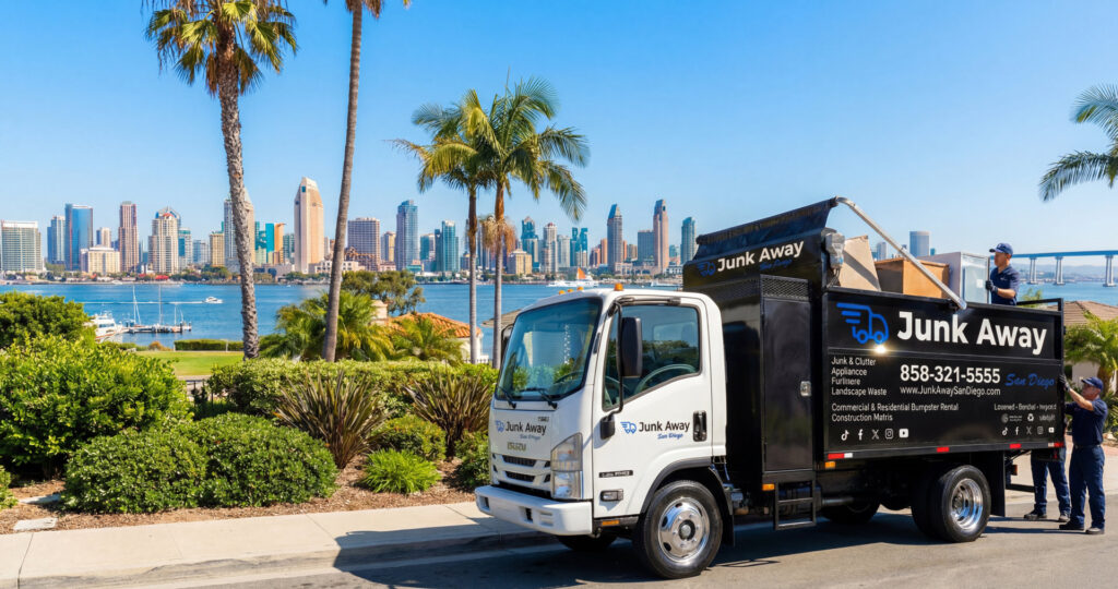 A Junk Away - San Diego truck and trailer loaded with multiple washing machines and dryers for appliance removal in San Diego, CA.