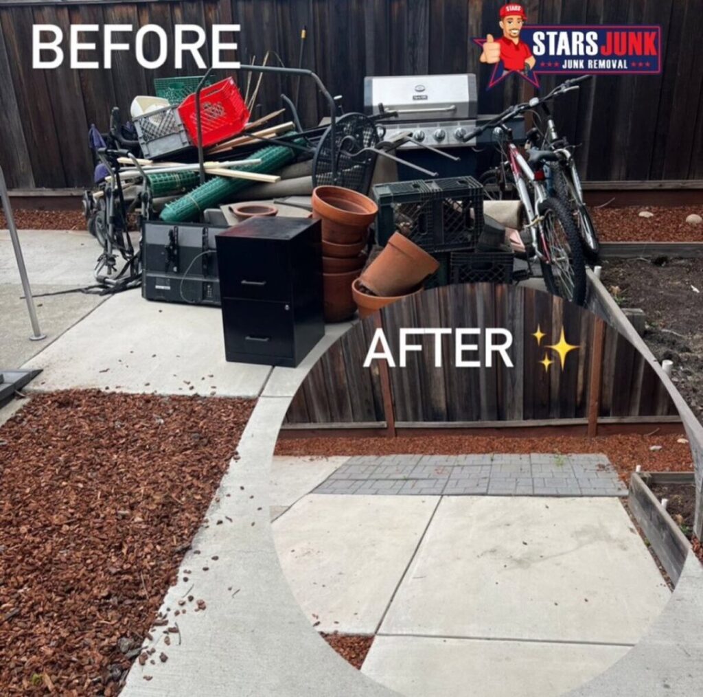 Before and after photos of a backyard junk removal job completed by Stars Junk Removal in San Jose, CA