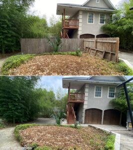 Before and after photos of a backyard junk removal and cleanup service by Texas Strong Hauling and Junk Removal in San Antonio, TX.