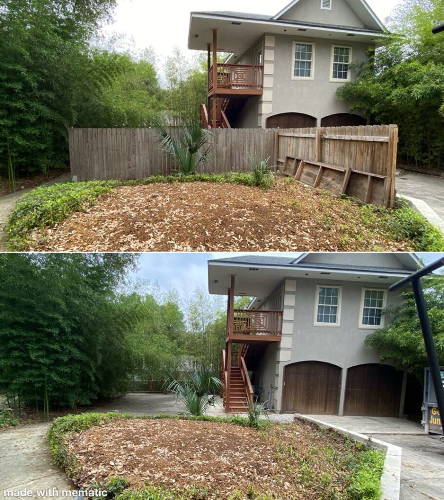 Before and after photos of a backyard junk removal and cleanup service by Texas Strong Hauling and Junk Removal in San Antonio, TX.