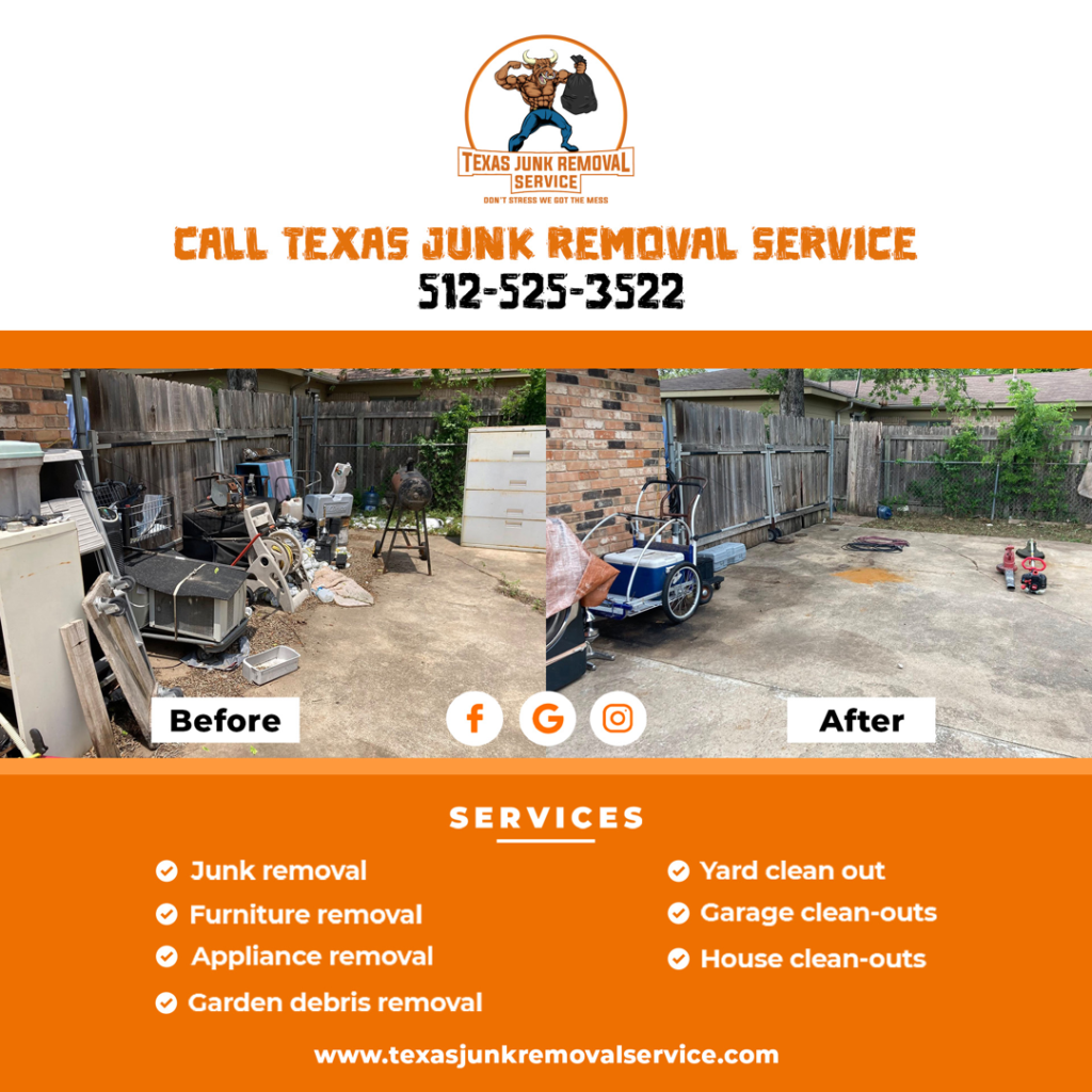 A cluttered backyard filled with old appliances, furniture, and debris before a junk removal job by Texas Junk Removal Service in Austin, TX.