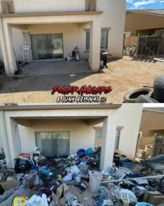 Before and after photos of a messy backyard patio cleanout service by Power Haulers & Junk Removal LLC in Phoenix, AZ.