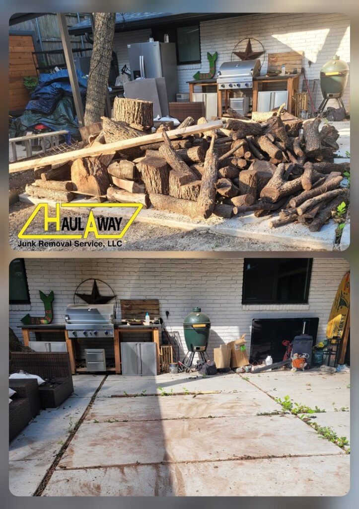 Before and after of a backyard cleared of a large pile of wood and debris by Haulaway Junk Removal Service, LLC in Dallas, TX.