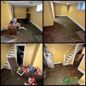 Before and after collage showing a basement cleared of scattered items and debris by JPC Junk Removal & Demolition in Philadelphia, PA.