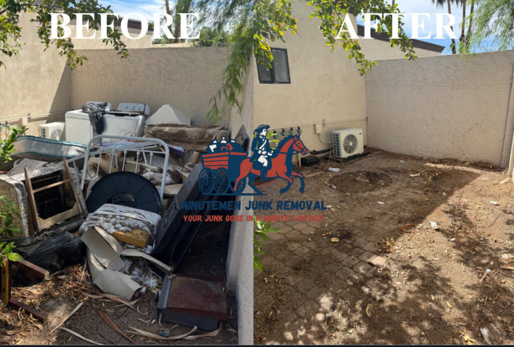 Before and after photo of a backyard clear-out, showing removal of appliances and debris by Minutemen Junk Removal in Phoenix, AZ.