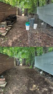 Before and after photos of a backyard path cleared of wood debris and buckets by JT Junk Solutions in Austin, TX.
