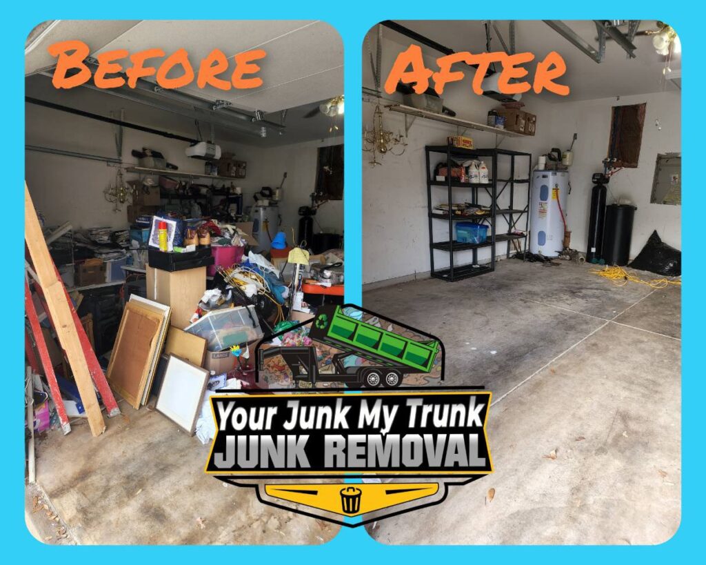 Before and after photo of backyard debris and tire removal by Your Junk My Trunk Junk Removal in San Antonio, TX.