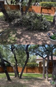 Before and after photo of a backyard cleared of brush and yard waste by Controlled Chaos Services in San Antonio, TX