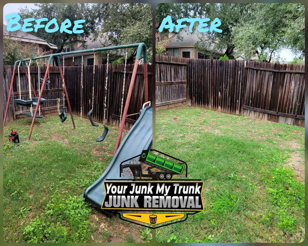 Before and after photo of a cluttered garage cleanout service by Your Junk My Trunk Junk Removal in San Antonio, TX.