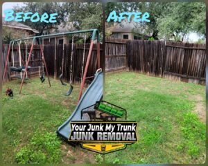 Before and after photo of a cluttered garage cleanout service by Your Junk My Trunk Junk Removal in San Antonio, TX.