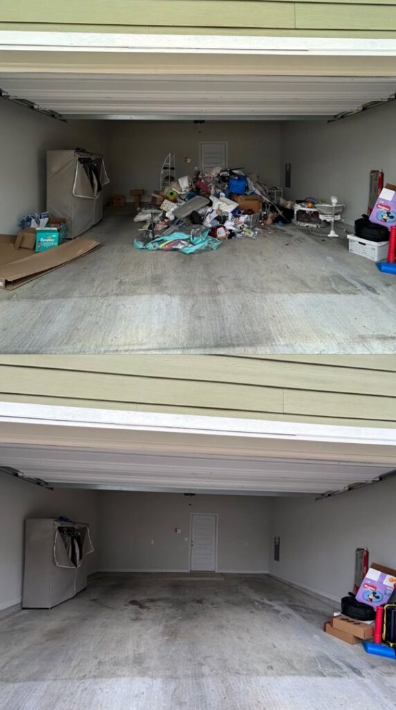 Before and after photos of a cluttered garage, showing a successful junk removal and cleanup by JT Junk Solutions in Austin, TX.