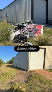Before and after photos of commercial junk removal by Faithful Hands Junk Removal in San Antonio, TX, clearing a large pile of debris outside a building.