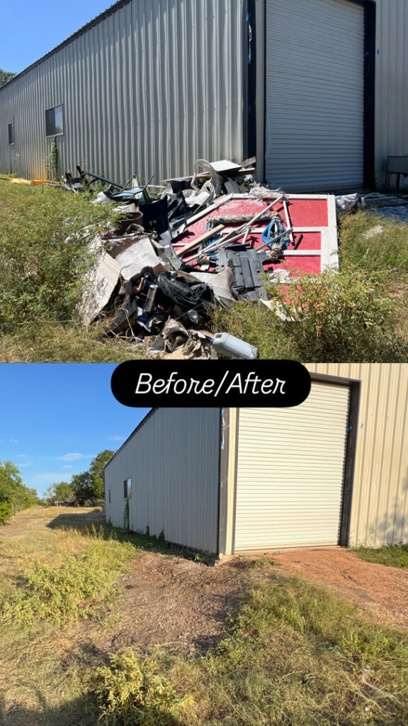 Before and after photos of commercial junk removal by Faithful Hands Junk Removal in San Antonio, TX, clearing a large pile of debris outside a building.