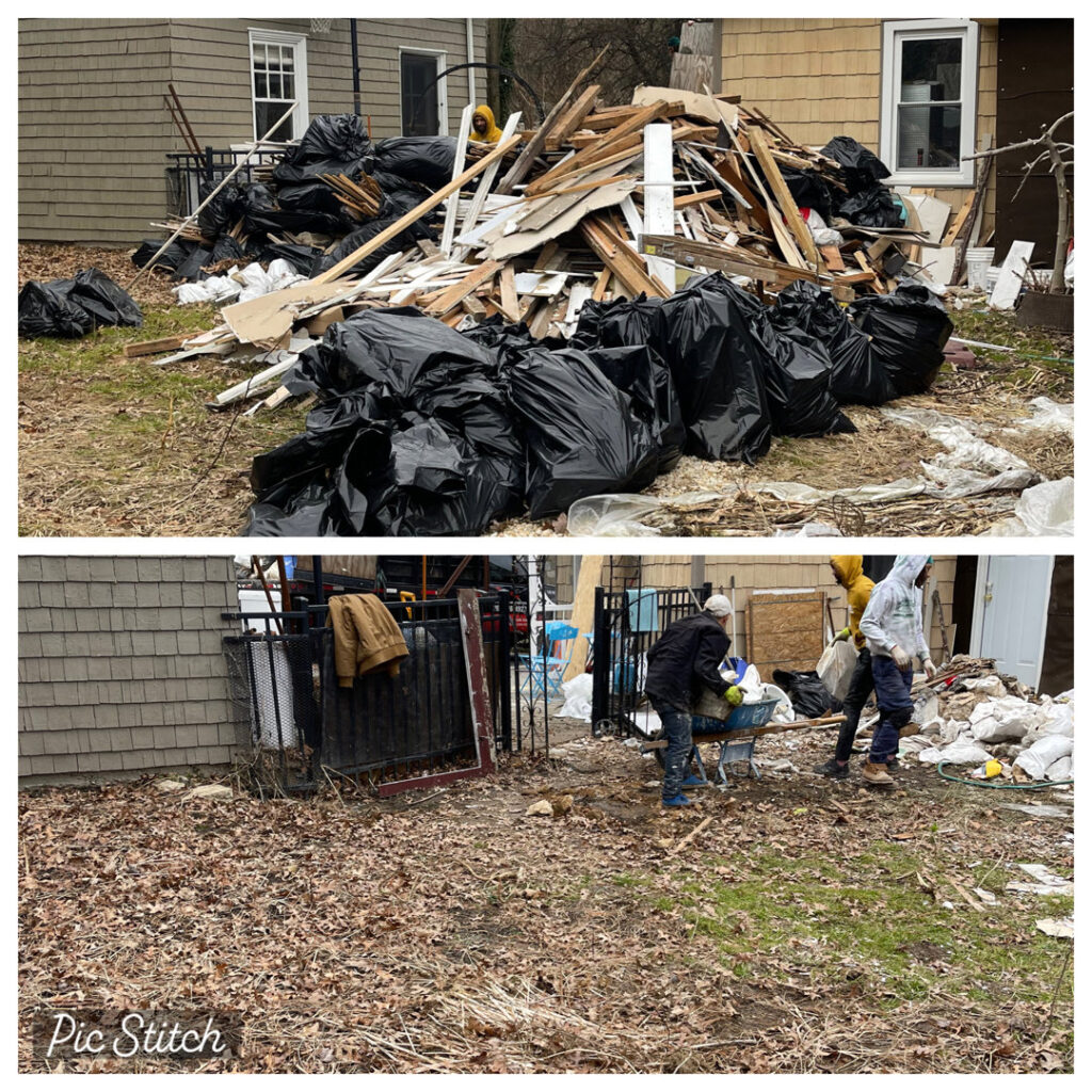 Before and after photos showing a large pile of construction debris and trash bags removed by Kay's Brothers Junk Removal in Philadelphia, PA.