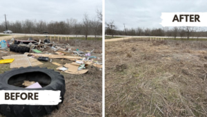 Before and after photo of a debris removal job, showing tires and trash cleared by 2 Bald Guys Hauling & Junk Removal in San Antonio, TX.