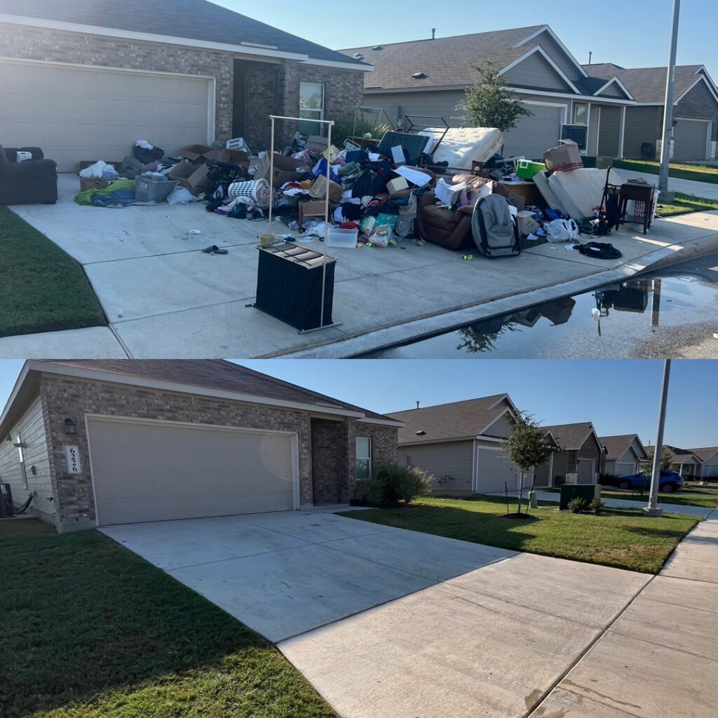 Before and after photos of a large driveway junk removal and estate cleanout service by Faithful Hands Junk Removal in San Antonio, TX.
