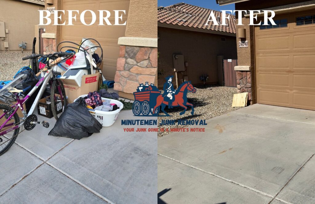 Before and after photo of a residential driveway cleared of bikes, boxes, and trash by Minutemen Junk Removal in Phoenix, AZ.