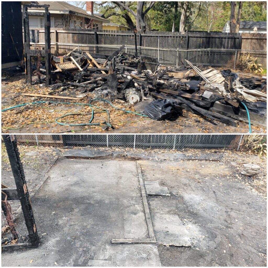 Before and after photos of a fire debris cleanup service by Junk Fade Away, LLC in Jacksonville, FL.