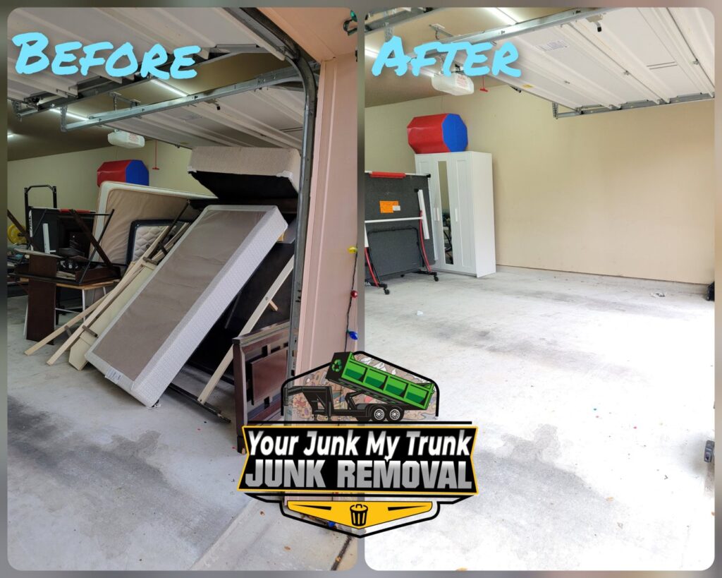 Before and after photo of a garage box and debris removal by Your Junk My Trunk Junk Removal in San Antonio, TX.