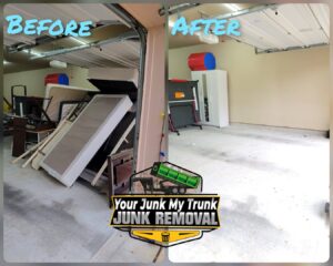 Before and after photo of a garage box and debris removal by Your Junk My Trunk Junk Removal in San Antonio, TX.