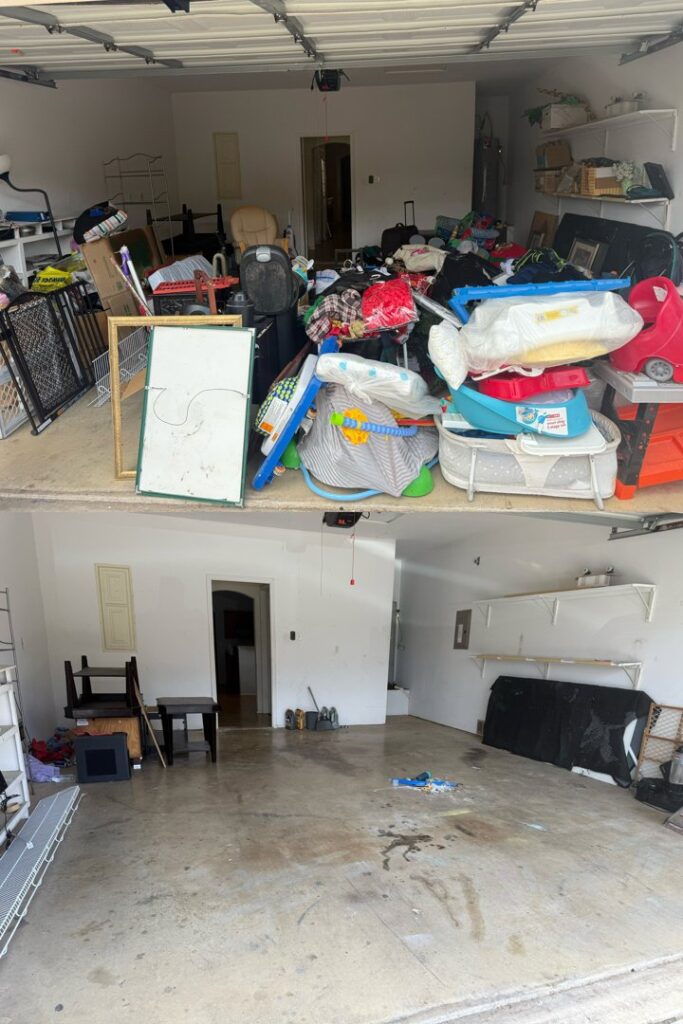 Before and after photo of a garage cleared of household clutter and items by Controlled Chaos Services in San Antonio, TX