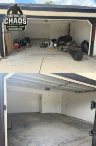 Before and after photo of a garage cleared of construction debris and trash by Controlled Chaos Services in San Antonio, TX