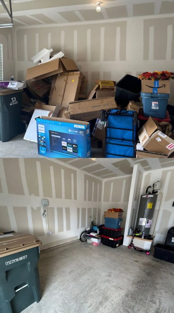 Before and after photos of a garage filled with boxes and items, now cleared by JT Junk Solutions in Austin, TX.