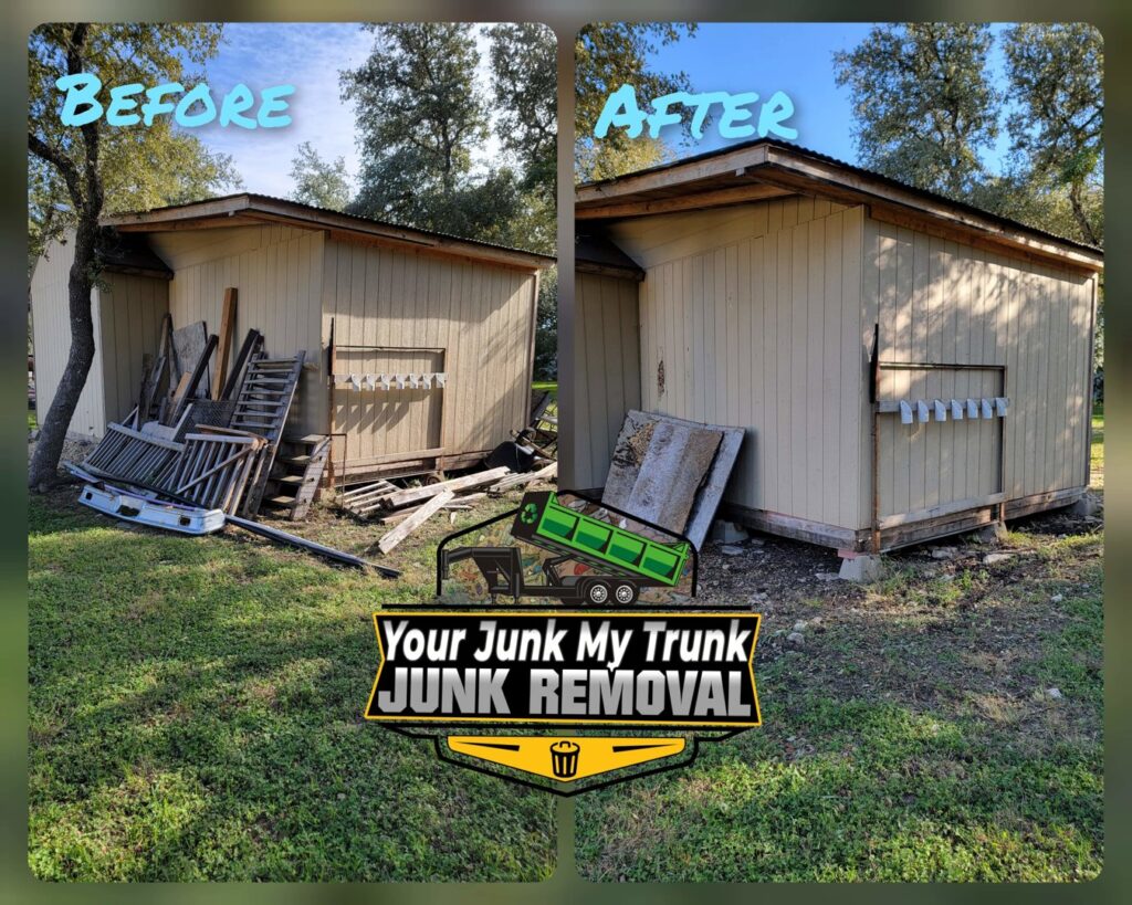 Before and after photo of a garage furniture and mattress removal by Your Junk My Trunk Junk Removal in San Antonio, TX.