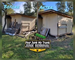 Before and after photo of a garage furniture and mattress removal by Your Junk My Trunk Junk Removal in San Antonio, TX.