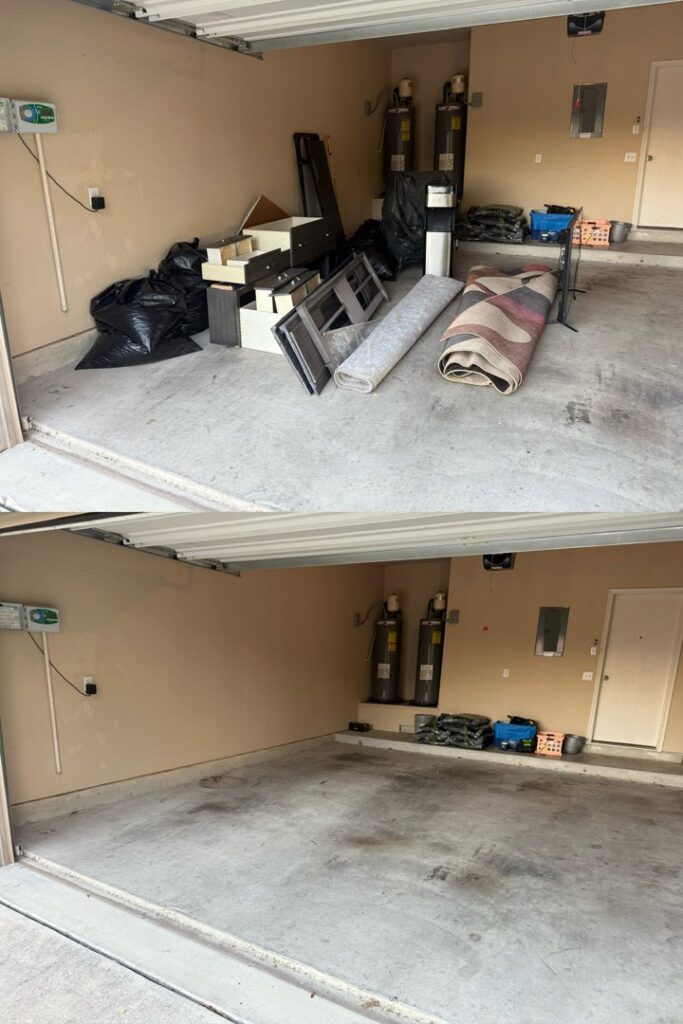 Before and after photo of a garage cleanout, demonstrating junk removal services by Controlled Chaos Services in San Antonio, TX