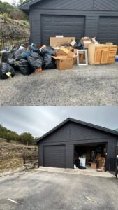 Before and after photos showing a garage area cleared of black trash bags, boxes, and old cabinets by JT Junk Solutions in Austin, TX.