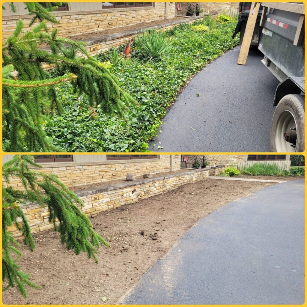 Before and after photos showing a garden bed cleared of overgrown vegetation and debris by Schott Services in Indianapolis, IN.