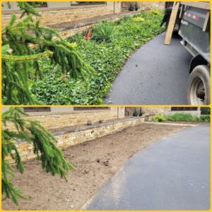Before and after photos showing a garden bed cleared of overgrown vegetation and debris by Schott Services in Indianapolis, IN.