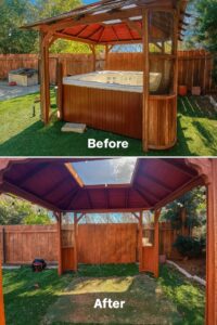 Before and after photos showing the successful removal of a hot tub and gazebo by Johan's Junk Removal in San Diego, CA.