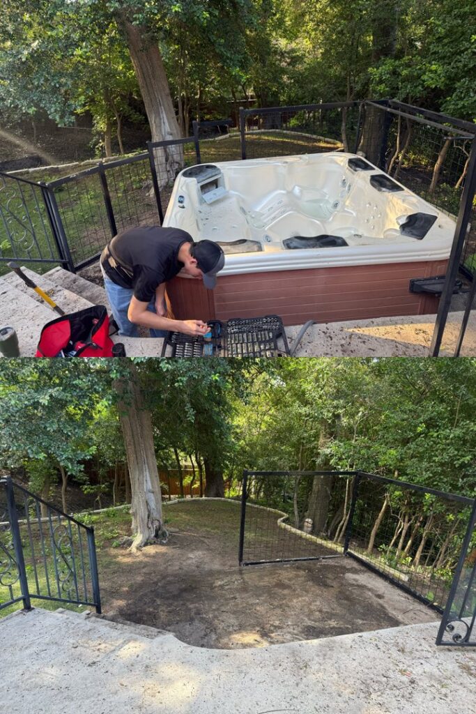 Before and after photo showing the successful removal of a hot tub by Controlled Chaos Services in San Antonio, TX