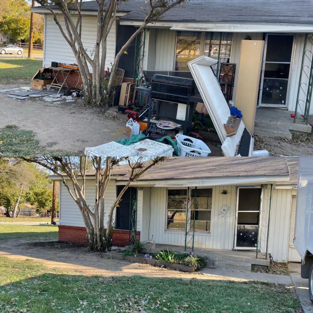 Before and after view of a house exterior after Green Source Junk Removal cleared junk from the porch and yard in Fort Worth, TX.