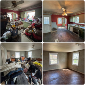 Before and after photos of a cluttered kitchen and bedroom cleared out by Schott Services for junk removal in Indianapolis, IN.