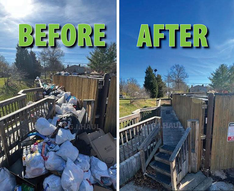 Before and after view of a deck cleared of bags and boxes by ONLY Junk Removal Services in Austin, TX