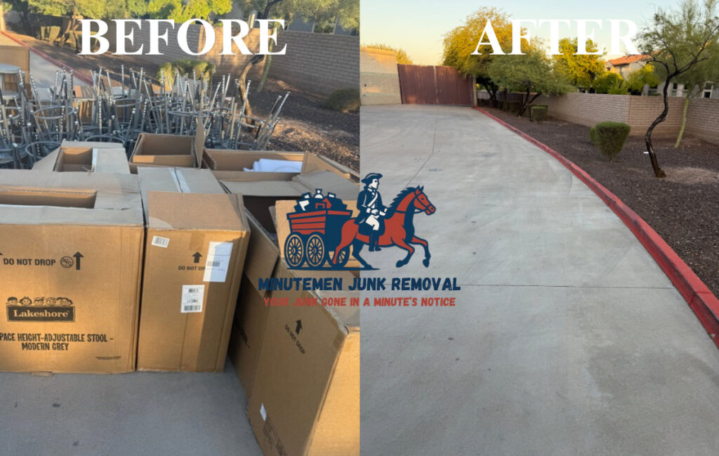 Before and after photo showing a driveway cleared of cardboard boxes and chairs by Minutemen Junk Removal in Phoenix, AZ.