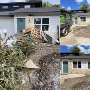 Before and after collage showing a successful junk removal job by G.I. HAUL in Austin, TX, clearing a large pile of debris.