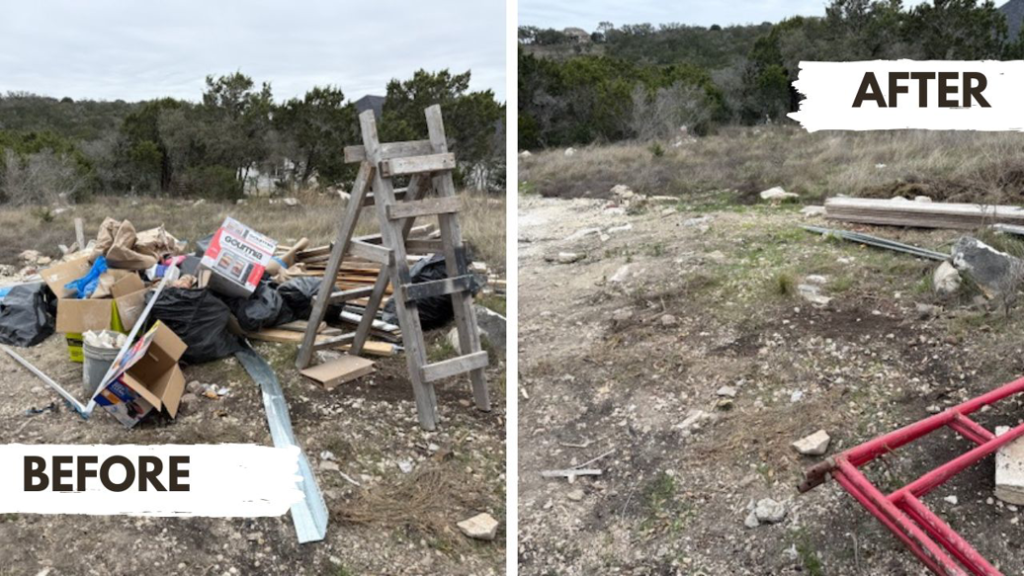 Before and after photo of a junk removal job, showing a large pile of debris cleared by 2 Bald Guys Hauling & Junk Removal in San Antonio, TX.