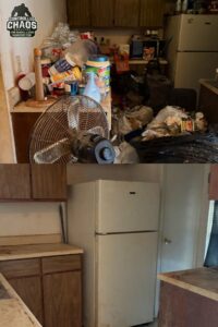Before and after photo of a kitchen cleared of extensive clutter and junk by Controlled Chaos Services in San Antonio, TX