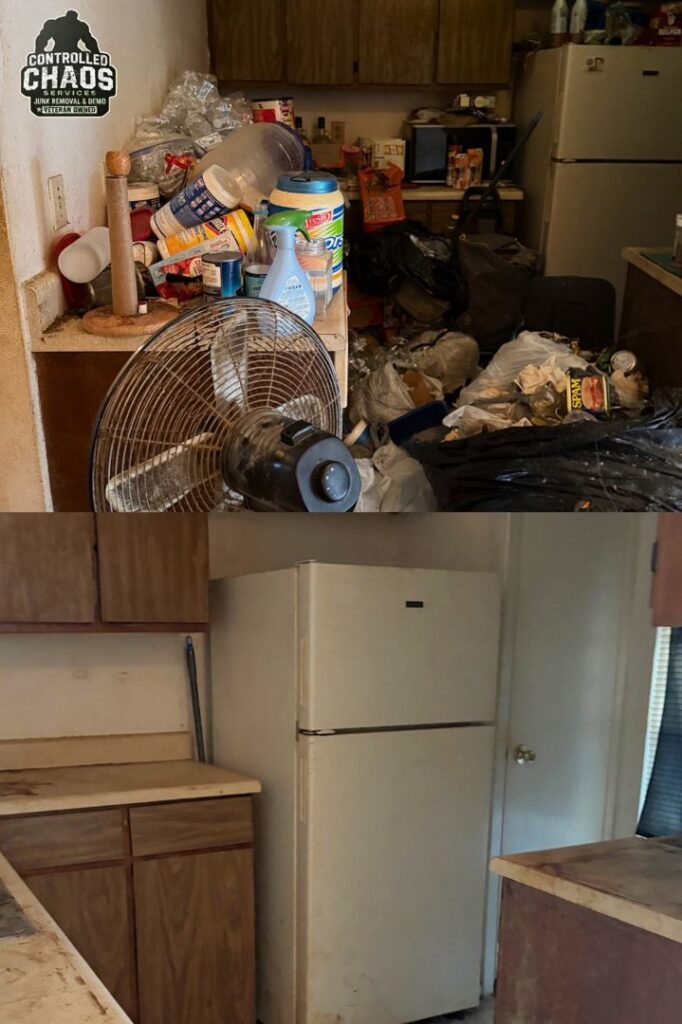 Before and after photo of a kitchen cleared of extensive clutter and junk by Controlled Chaos Services in San Antonio, TX