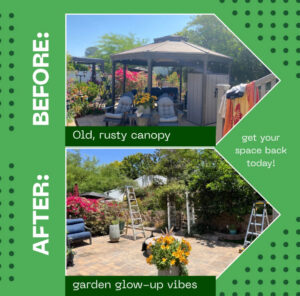 Before and after photos illustrating the removal of an old, rusty canopy by Johan's Junk Removal in San Diego, CA.