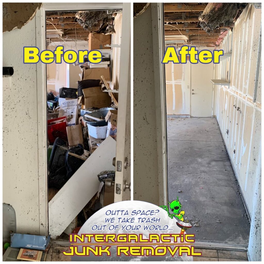 Before and after an outdoor debris removal service by Intergalactic Junk Removal in Phoenix, AZ, showing a clean area.