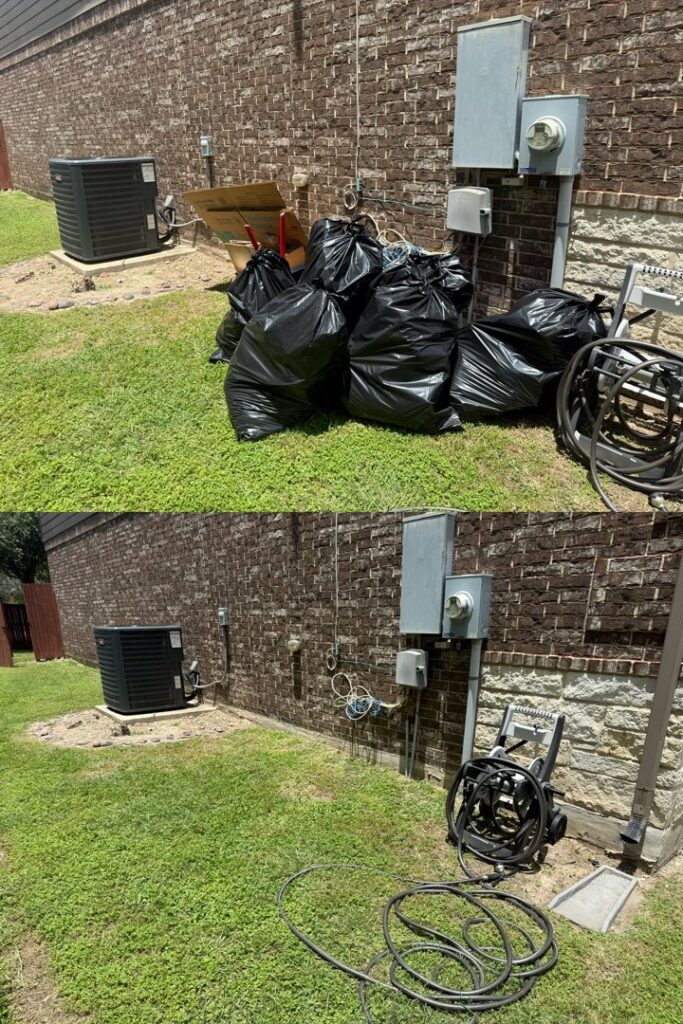 Before and after photo of an outdoor area cleared of multiple trash bags by Controlled Chaos Services in San Antonio, TX