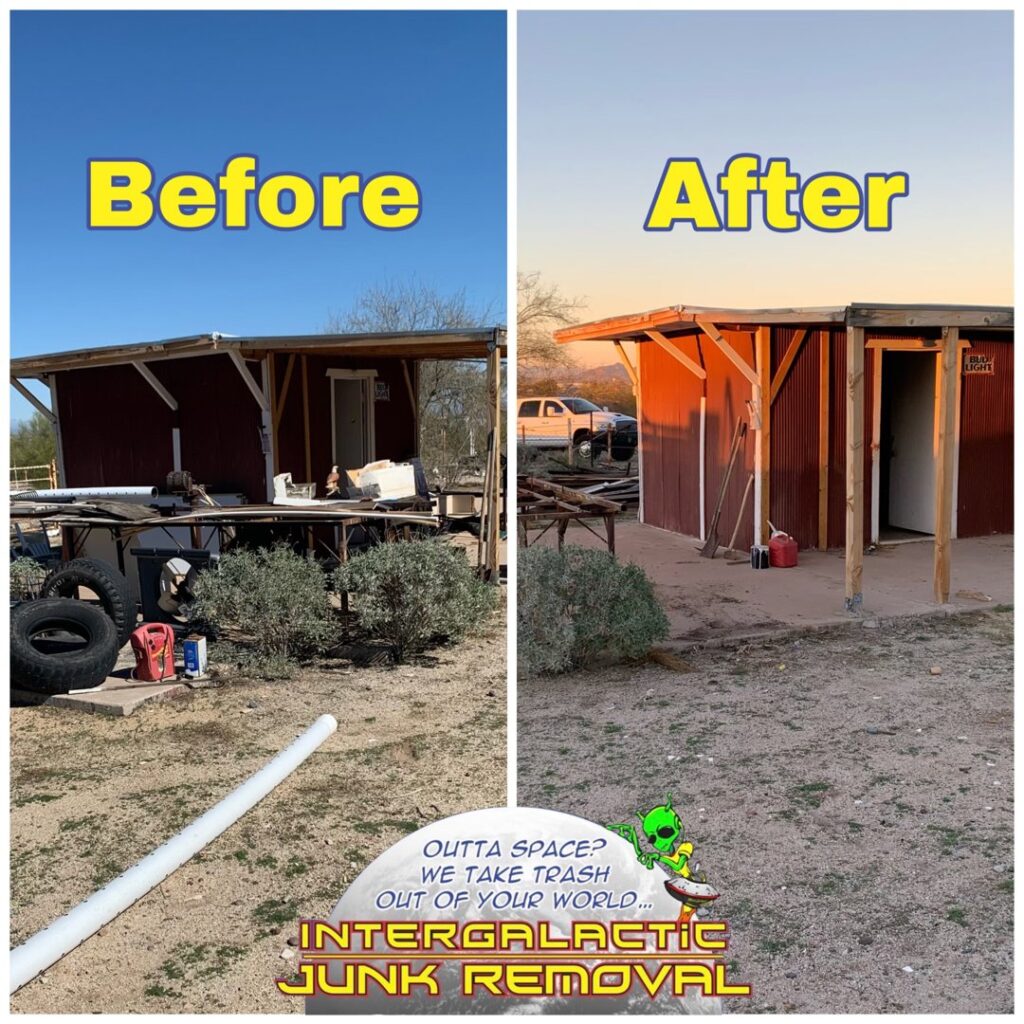 Before and after a patio junk removal service by Intergalactic Junk Removal in Phoenix, AZ, showing a cleared space.