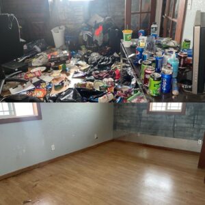 Before and after view of a cluttered room after Green Source Junk Removal completed a full cleanout service in Fort Worth, TX.