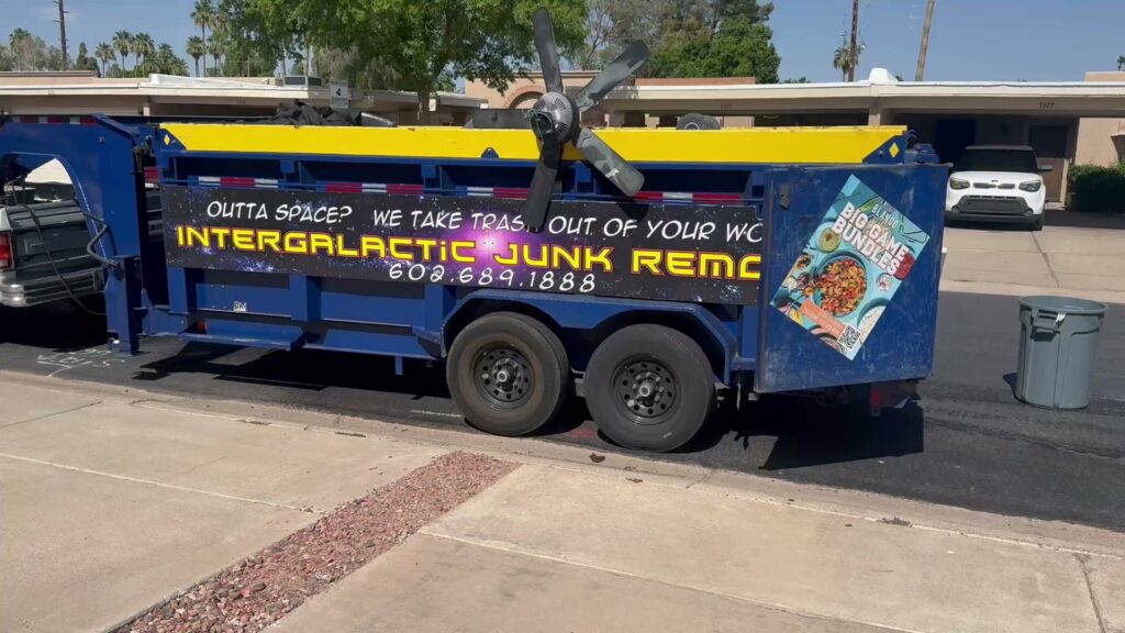 Before and after a room cleanout by Intergalactic Junk Removal in Phoenix, AZ, showing toys and debris removed.